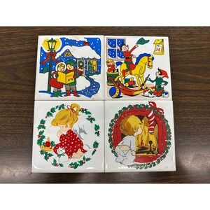Jasco Christmas Holiday Ceramic‎ Tile Trivet-Set of 4w/Rubber Feet Vintage 1981